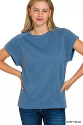 Zenana Textured Knit Jacquard Short Sleeve Top DUSTY BLUE OutfitFlow