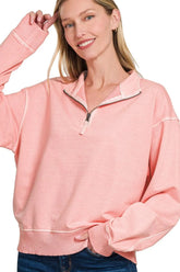 Zenana F/terry Pigment Dye & Enzyme Washing Half Zip Top DK PINK OutfitFlow