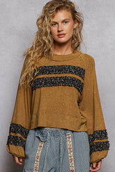 POL Print Patch Round Neck Balloon Sleeve Cropped Top RUSTED OCHRE OutfitFlow