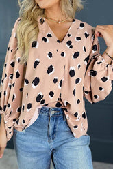 Contrast Animal Print V-Neck Long Sleeve Blouse Dust Storm OutfitFlow