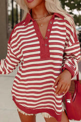 Stripe Johnny Collar Drop Shoulder Sweatshirt Deep Red OutfitFlow
