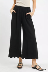 Umgee Linen Blend Scallop Hem Wide Leg Pants Black OutfitFlow