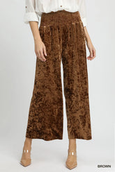 Umgee Velvet Smocked Waistband Wide Leg Pants Brown OutfitFlow
