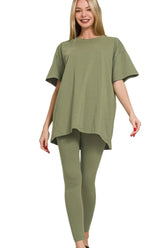 Zenana Cotton Round Neck Top & Legging Set LT OLIVE OutfitFlow