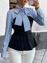 Striped Long Sleeve Blouse with Bow Tie Blue OutfitFlow