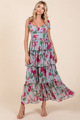 Mittoshop Layered Floral Sweetheart Neck Maxi Dress Dusty Blue OutfitFlow