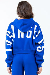 American Bazi Letter Graphic Long Sleeve Drawstring Cropped Hoodie Royal Blue OutfitFlow