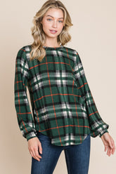 BOMBOM Curved Hem Plaid Round Neck Long Sleeve Top Green OutfitFlow