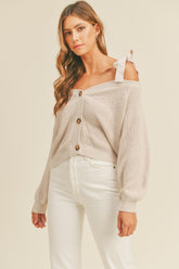 MABLE Off Shoulder Self Tie Strap Button Down Sweater Dusty Lavender OutfitFlow