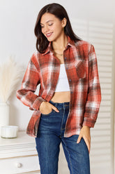 Plaid Collared Neck Long Sleeve Shirt Caramel OutfitFlow