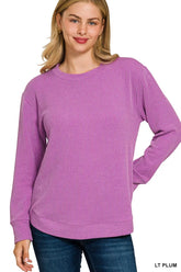 Zenana Full Size Raised Rib Round Neck Long Sleeve Top Plus Size LT PLUM OutfitFlow