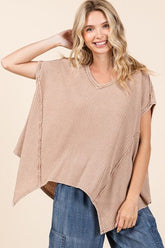 Mittoshop Mineral Wash Waffle Knit Pointed Hem Oversized Top Tan OutfitFlow