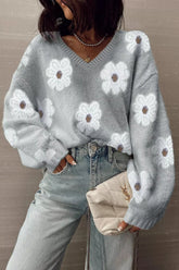 Floral Fuzzy Knit V-Neck Sweater Gray OutfitFlow