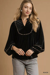 Umgee Velvet Long Sleeve Blouse with Contrast Trim Black OutfitFlow