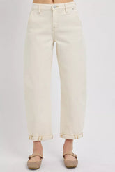RISEN High Rise Relaxed Barrel Cuffed Jeans IVORY OutfitFlow