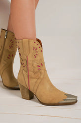 Beast Fashion Cut-Out Floral Embroidery Boots Camel OutfitFlow
