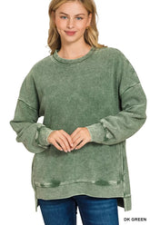 Zenana Full Size Acid Washed Double Ribbed Hi-low Sweatshirt Plus Size DK GREEN OutfitFlow