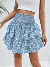Perfee Smocked Layered Printed Mini Skirt Sky Blue OutfitFlow