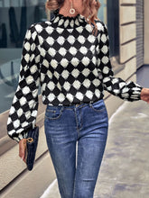 Checkered Pattern Balloon Sleeve Blouse Black OutfitFlow