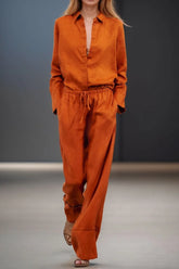 Button Down Shirt and Drawstring Pants Orange OutfitFlow