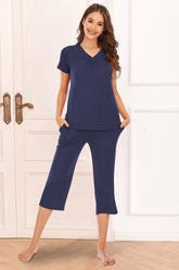 V-Neck Short Sleeve Top and Pants Lounge Set Dark Blue OutfitFlow