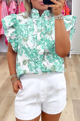 Printed Ruffled Sleeve Button-Up Blouse Tiffany Blue OutfitFlow