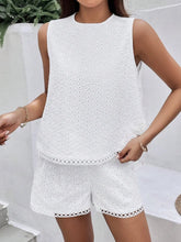 Eyelet Round Neck Top and Shorts Set White OutfitFlow