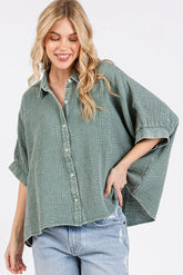 Mittoshop Mineral Wash Gauze Dolman Sleeve Button Down Shirt DUSTY SAGE OutfitFlow