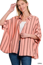 Zenana Woven Yarn-Dye Stripe Oversized Button Down Shirt CORAL OutfitFlow