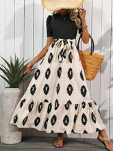 Printed Tie Waist Short Sleeve Maxi Dress Black OutfitFlow