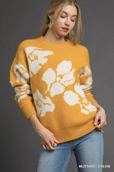 Umgee Floral Long Sleeve Sweater MUSTARD CREAM OutfitFlow