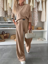 Ribbed Knit Round Neck Top and Pants Set Khaki OutfitFlow