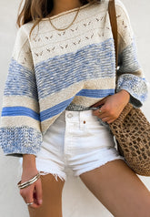 Contrast Round Neck Long Sleeve Sweater Light Blue OutfitFlow