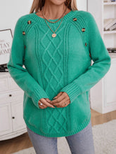 Decorative Button Round Neck Raglan Sleeve Sweater Green OutfitFlow