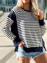Slit Exposed Seam Striped Long Sleeve Sweatshirt Dark Blue OutfitFlow