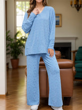 Flower V-Neck Long Sleeve Top and Pants Set Light Blue OutfitFlow