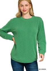 Zenana Full Size Raised Rib Round Neck Long Sleeve Top Plus Size DK GREEN OutfitFlow