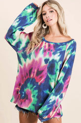 BiBi Tie Dye Print Terry Top with Puff Sleeves FUCHSIA DENIM OutfitFlow