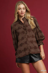 Umgee Heart Jacquard Ruffle Trim Shirt Brown OutfitFlow