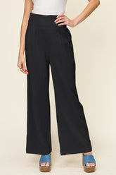 Double Take Full Size Texture Smocked Waist Wide Leg Pants Black OutfitFlow