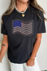 US Flag Round Neck Short Sleeve T-Shirt Black OutfitFlow
