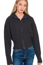 Zenana Ribbed Collared Zip Up Sweater Cardigan BLACK OutfitFlow