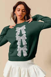 SO ME Sequins Bow Ribbon Embellished Christmas Sweater HUNTER SILVER OutfitFlow