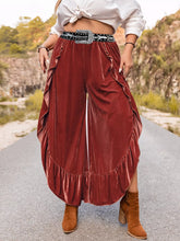 Plus Size Velvet Ruffle Hem Wide Leg Pants Rust OutfitFlow