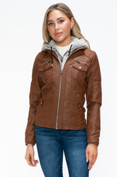 YMI Removable Faux Layered Multi-Pocket Jacket with Fuzzy Hood Rust OutfitFlow