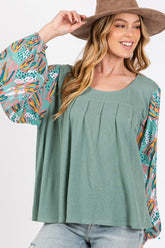 SAGE + FIG Ruched Round Neck Printed Bubble Sleeve Top Sage OutfitFlow