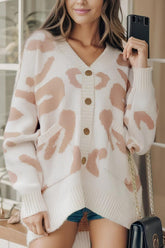 Leopard V Neck Button Down Cardigan Beige OutfitFlow