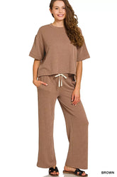 Zenana Raised Rib Short Sleeve Tee & Pants Set BROWN OutfitFlow