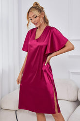 Satin Flutter Sleeve Side Slit V-Neck Night Dress Vivid Cerise OutfitFlow