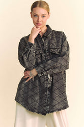 Davi & Dani Curved Hem Diamond Quilted Button Up Denim Jacket Black OutfitFlow